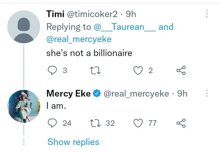 Mercy Eke reveals she's a billionaire