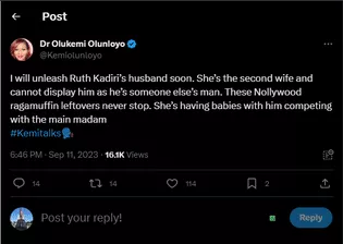 'She snatched another woman's man' - Kemi Olunloyo reveals why Ruth Kadiri hides husband's face