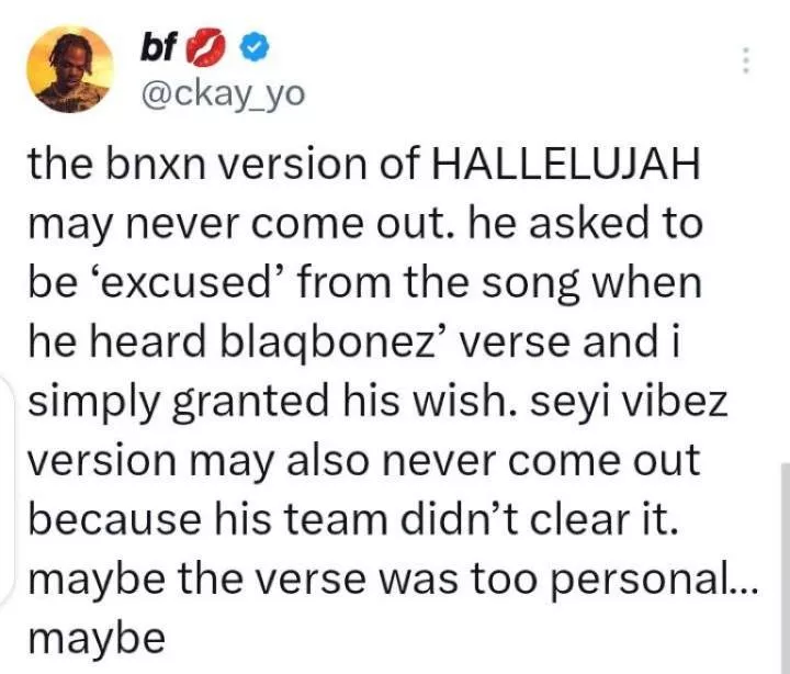 'Why Bnxn's and Seyi Vibez' version of 'Hallelujah' may never come out