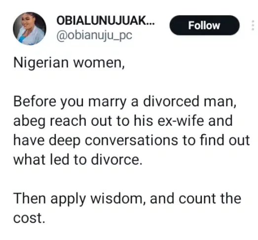 'Before you marry a divorced man, ask his ex-wife what led to the divorce' - Pharmacist