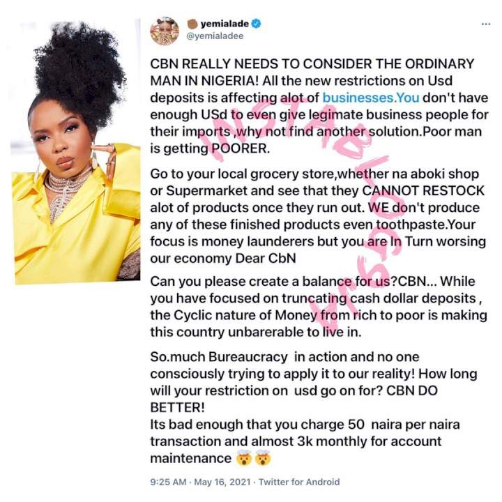 'You're making this country unbearable to live in' - Yemi Alade tackles CBN over Dollar regulation