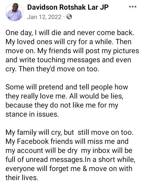 'Everyone will forget me and move on with their lives' - Man dies one year after posting sad note on what will happen after his death