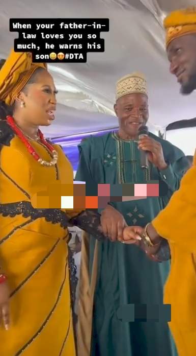 "Treat my daughter well or else" - Nigerian dad gives severe warning to son-in-law on wedding day (Video)