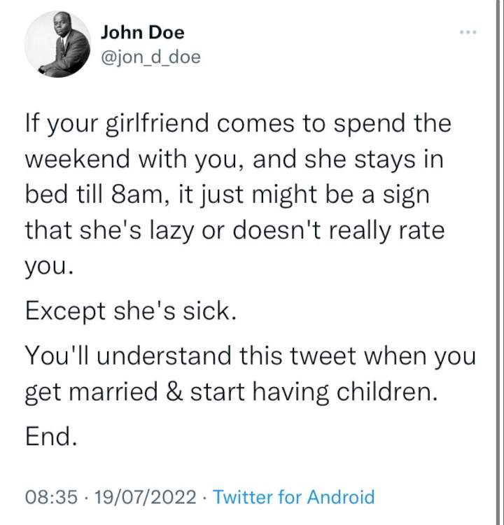Man carpets Twitter user who told men their girlfriend is lazy if she stays in bed till 8am when she comes to spend the weekend