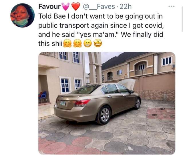 Lady receives a car gift from her boyfriend after contracting COVID-19