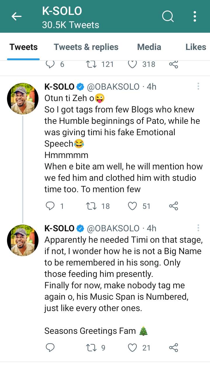 K-Solo blasts Patoranking over tribute to Timaya, calls it 'fake emotional speech'