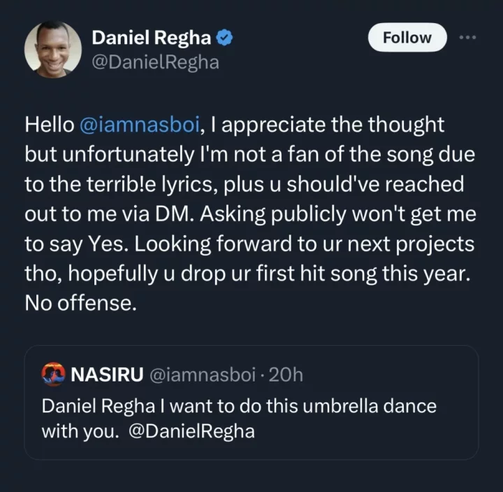 'I'm not a fan of the song due to it's terrible lyrics' - Daniel Regha shuts down Nasboi's request to make video to his song