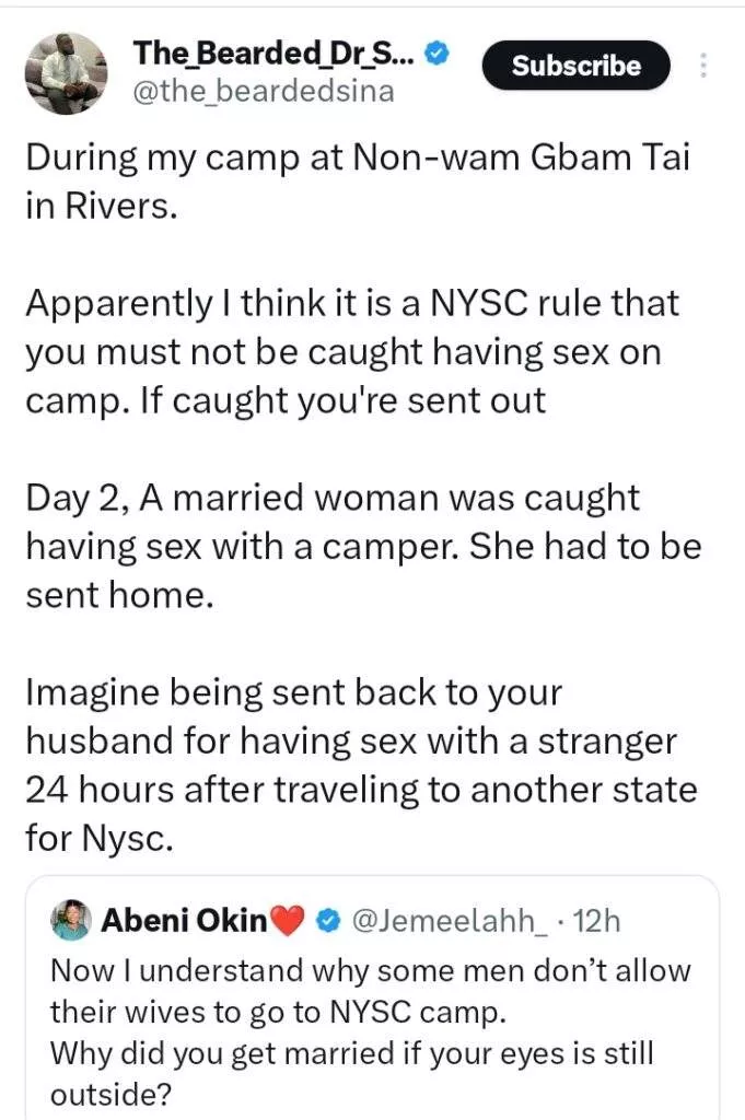 Doctor recounts how married woman was sent home from NYSC camp for having affair