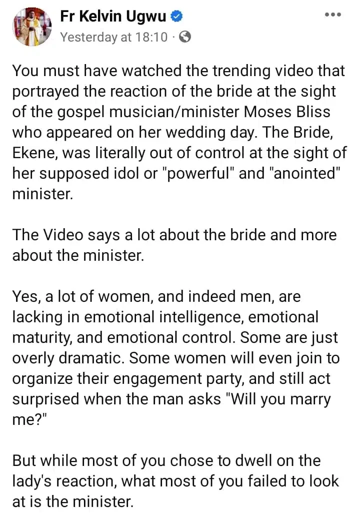'The video says a lot about the bride and more about the minister' - Catholic priest reacts to video of Ekene Umenwa kneeling to Moses Bliss