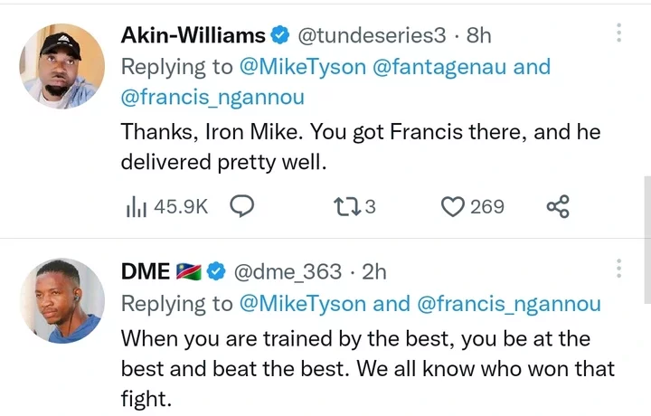 Reactions as Mike Tyson congratulates Francis Ngannou after training him before his fight again Tyson Fury