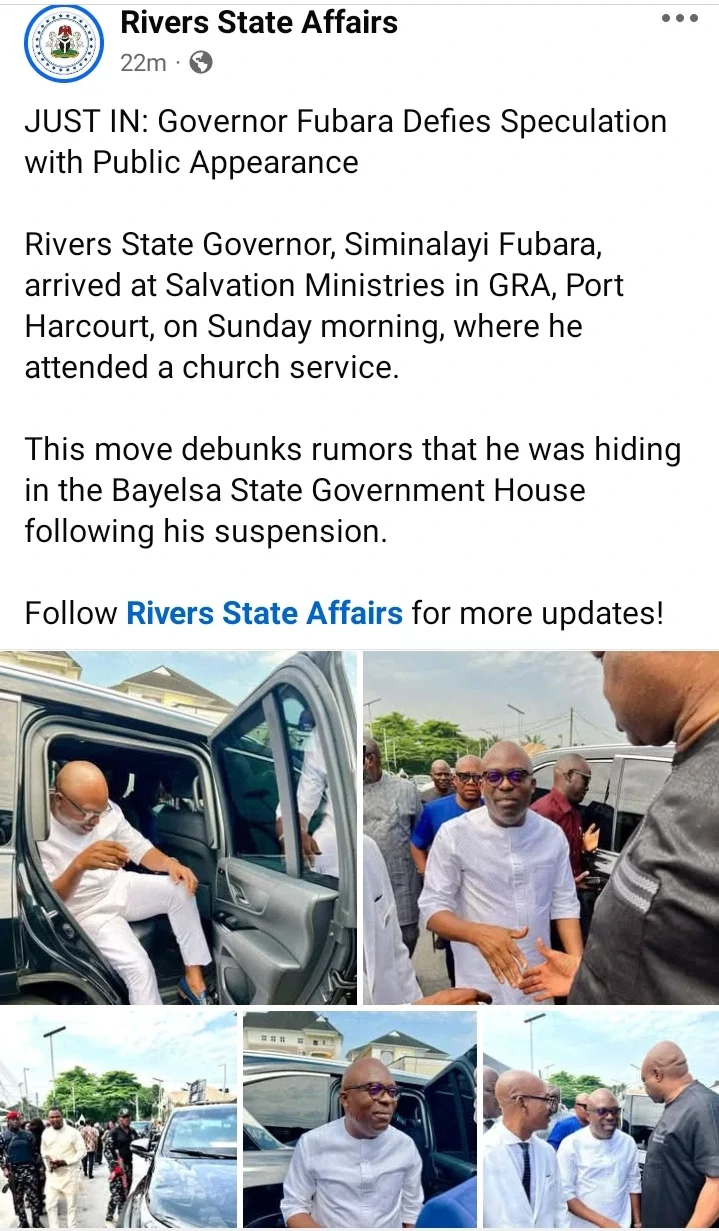 After Suspension, Fubara Makes First Church Appearance Without Heavy Security [Photos]