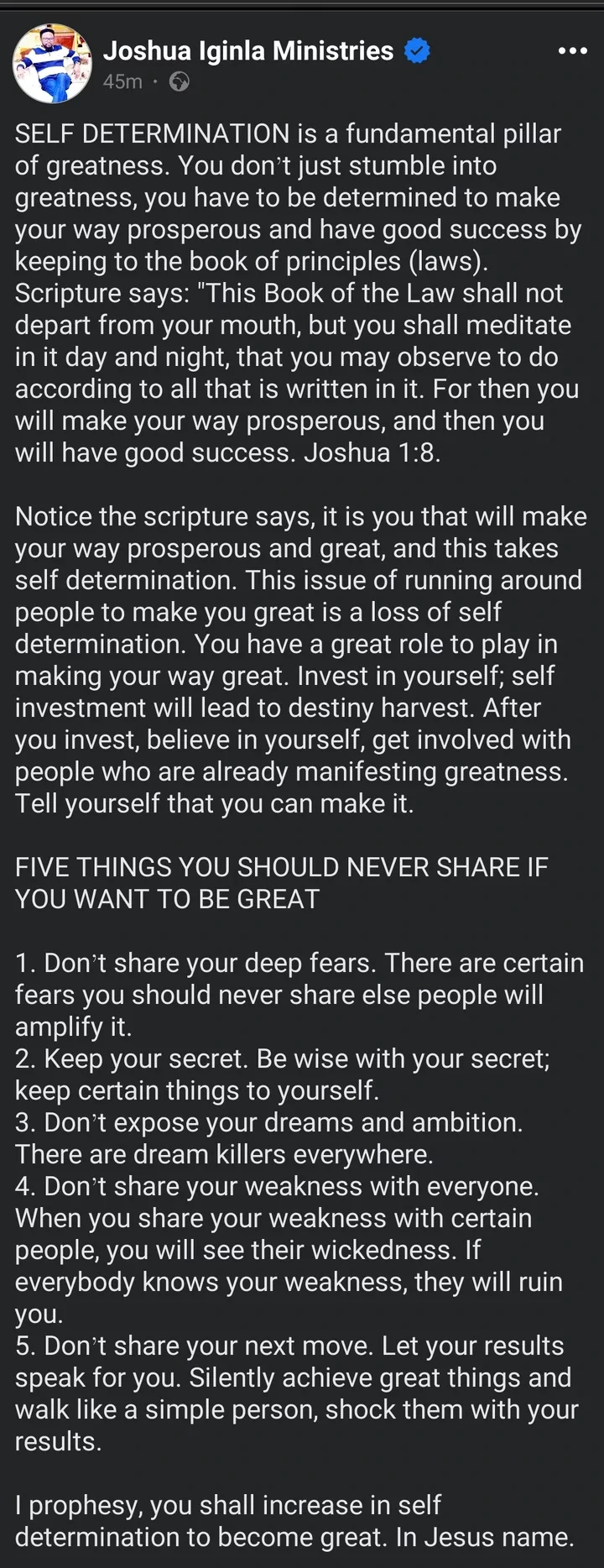 'Five Things You Should Never Share If You Want to Be Great' - Prophet Joshua Iginla