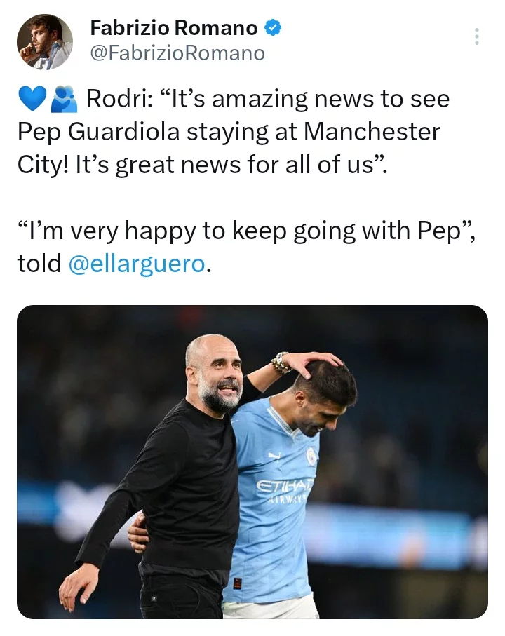 It Is Amazing News to See Pep Guardiola Staying at Manchester City-Rodri