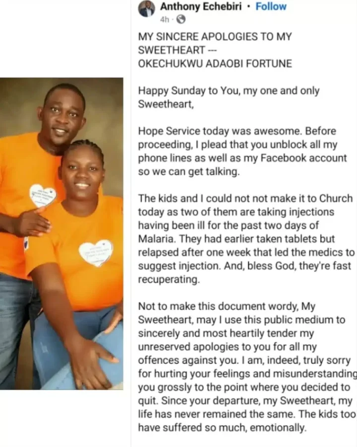 Man publicly apologizes to estranged wife after accusing her of cheating