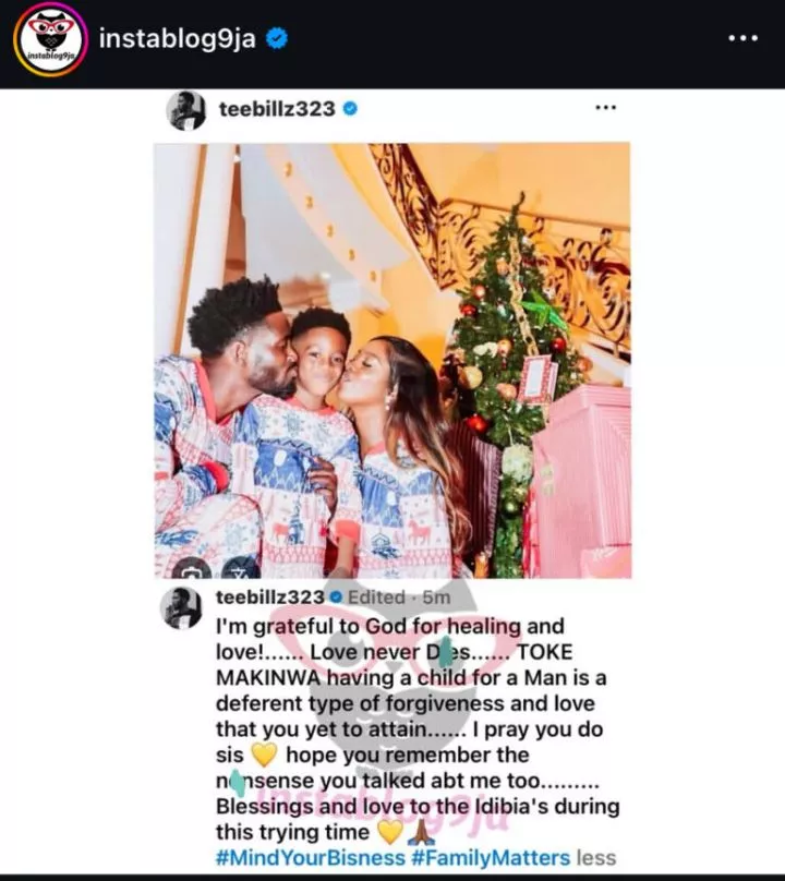 'Stay away from family feud' - TeeBillz to Toke Makinwa amid 2Face, Annie's divorce saga