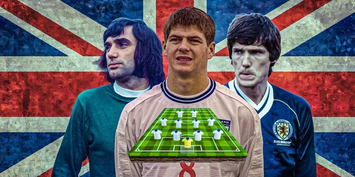 George Best (Northern Ireland), Steven Gerrard (England), Alan Hansen (Scotland) with a and union jack and chalkboard showing a football 4-4-2 formation