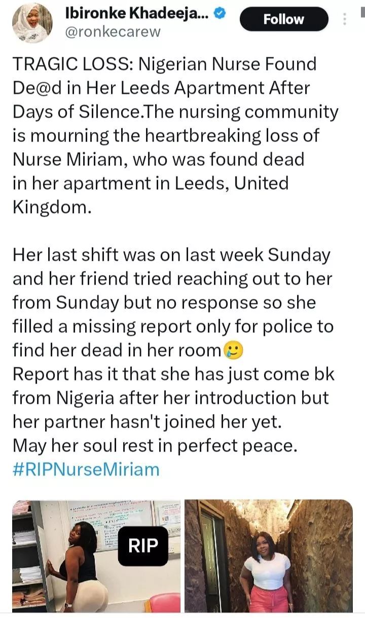 Nigerian nurse found dead in her UK apartment