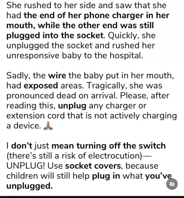 Nigerian doctor shares how a toddler passed away after putting a plugged charger in her mouth‬