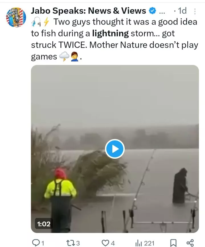 Moment fisherman survives after being struck by lightning twice (video)