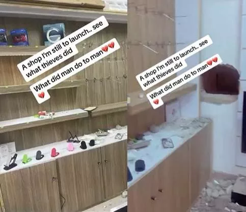 Nigerian man left heartbroken after his new shop got burgled by thieves who carted away goods worth millions of Naira (video)