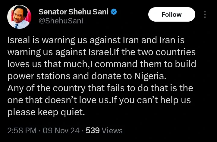 If Israel and Iran Love Nigeria They Should Build Power Stations and Donate It to Us - Shehu Sani