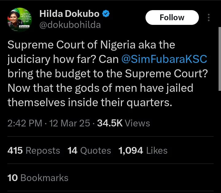 Can Fubara bring budget to Supreme Court now that gods of men have jailed themselves?- Hilda Dokubo