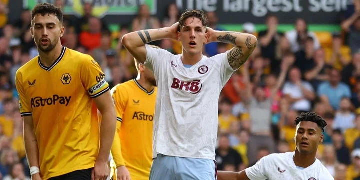 Aston Villa winger Nicolo Zaniolo reacting after a missed opportunity