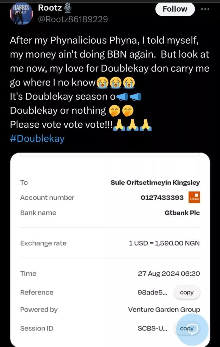 BBNaija: 'Doublekay or nothing' - Lady breaks voting promise, shares proof of support for Kassia and Kellyrae