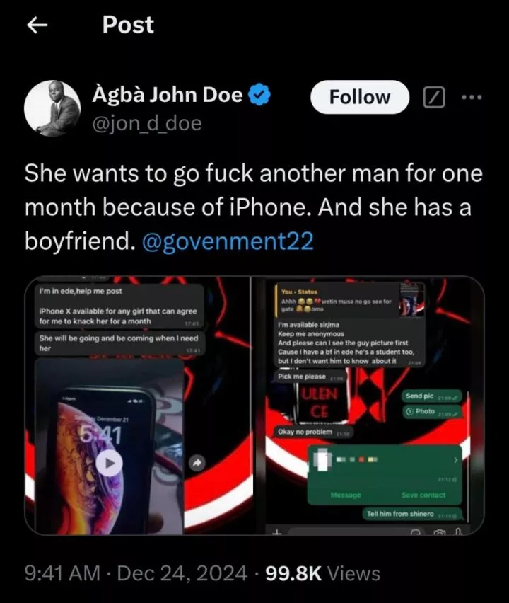 Leaked chat shocks the internet as lady offers one month intimacy in exchange for iPhone X