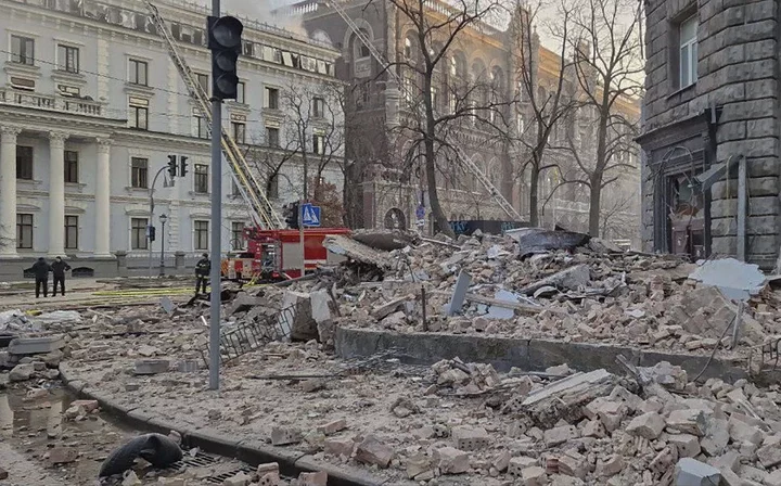 Debris strewn across a street just metres from Ukraine's Presidential Office following a drone strike on New Year's Day