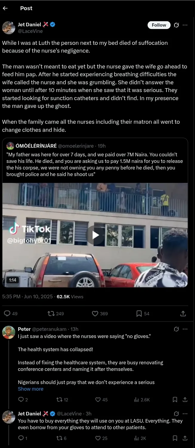 Man alleges LUTH patient passed away after nurse let wife feed him against orders