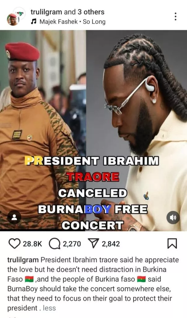 President Ibrahim Traoré reportedly turns down Burna Boy's offer for free Burkina Faso concert