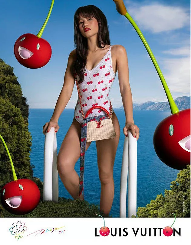 The actress, 28, showcased her incredible physique as she posed up a storm in a cherry print bikini and swimsuit in the stunning shots