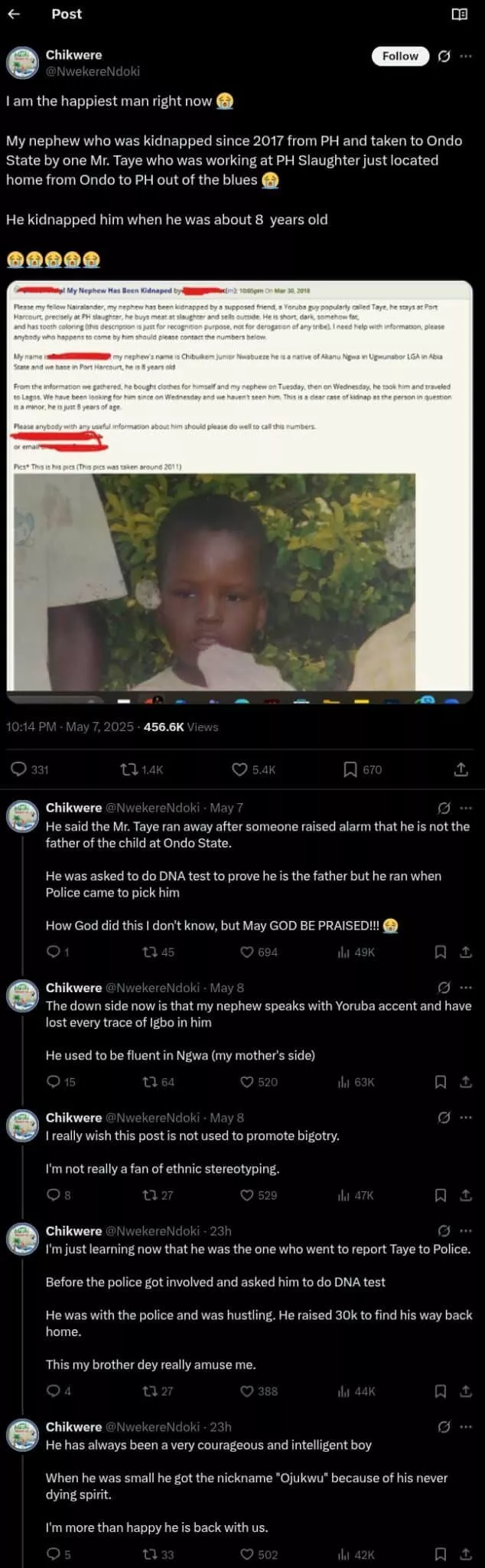 Boy kidnapped at 8 in port harcourt escapes at 16, exposes abductor to police, finds way home