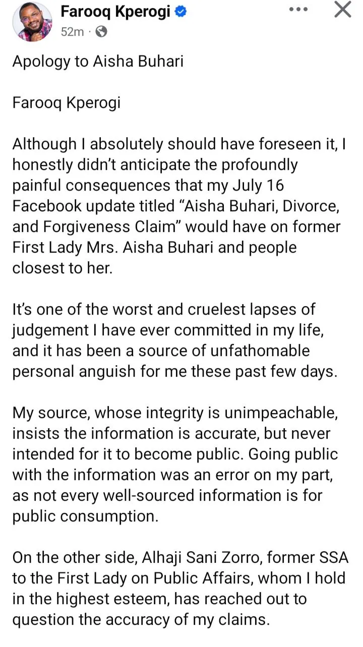 Farooq Kperogi retracts claim on Buhari-Aisha's divorce, issues public apology