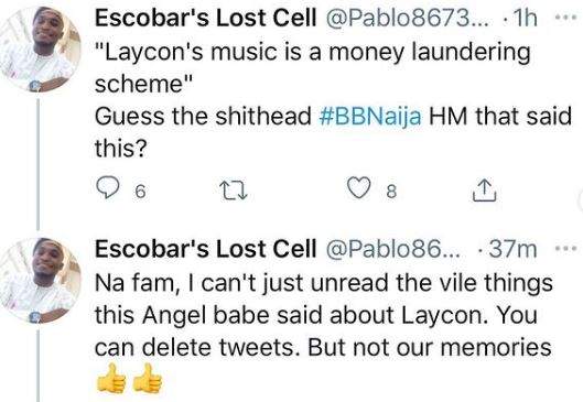 'Inside the bin already' - Icons blow hot after tweet about Angel trolling Laycon surfaces