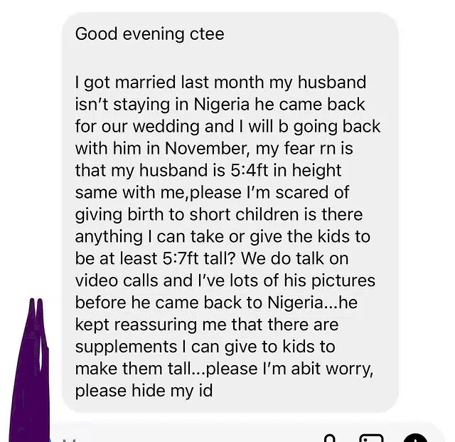 'I'm scared of having short kids' - Woman cries out after marrying abroad based husband