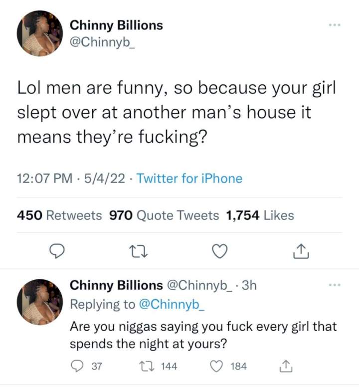 'You're over-possessive if you have a problem with your girlfriend staying over at her male friend's place' - Lady tells men