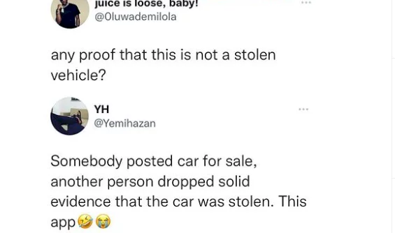 Nigerian man shares photo of car for sale on Twitter, another Twitter user shares proof of it being 'stolen'