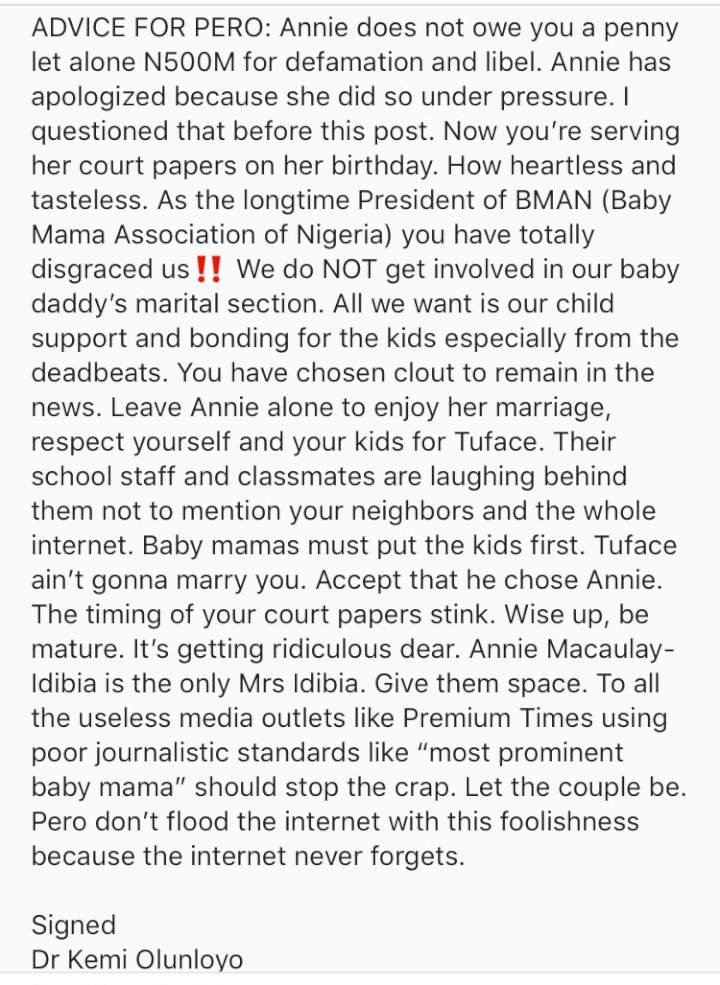 'Tuface won't marry you' - Kemi Olunloyo mocks Pero over N500M lawsuit against Annie Idibia