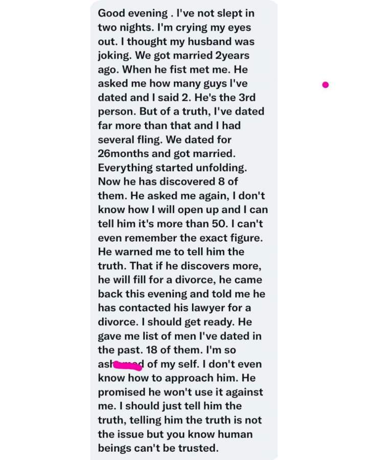 Lady seeks advice after husband filed divorce over falsification of 'only two' past relationships instead of 50+