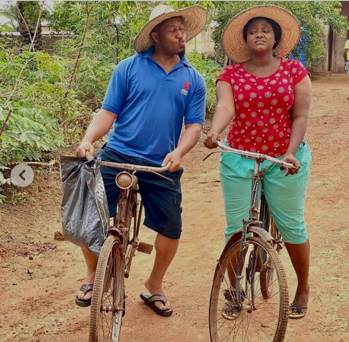 'This one na typical village love' - Fans react to photos of Mike Ezuruonye and Nazo Ekezie on bicycles