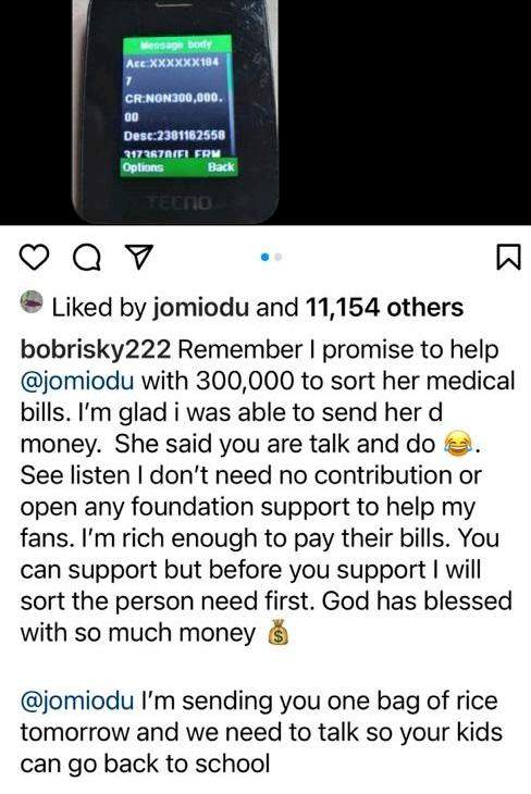 Bobrisky pays N300k for a fan's medical bills, also pledges to give one bag of rice