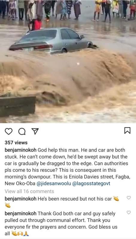 Man gets stranded in his car amid heavy flood in Lagos (Video)