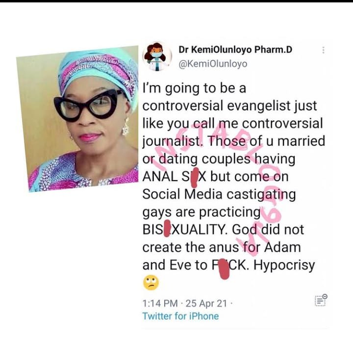 'God did not create the anus for Adam and Eve to have intercourse' - Kemi Olunloyo