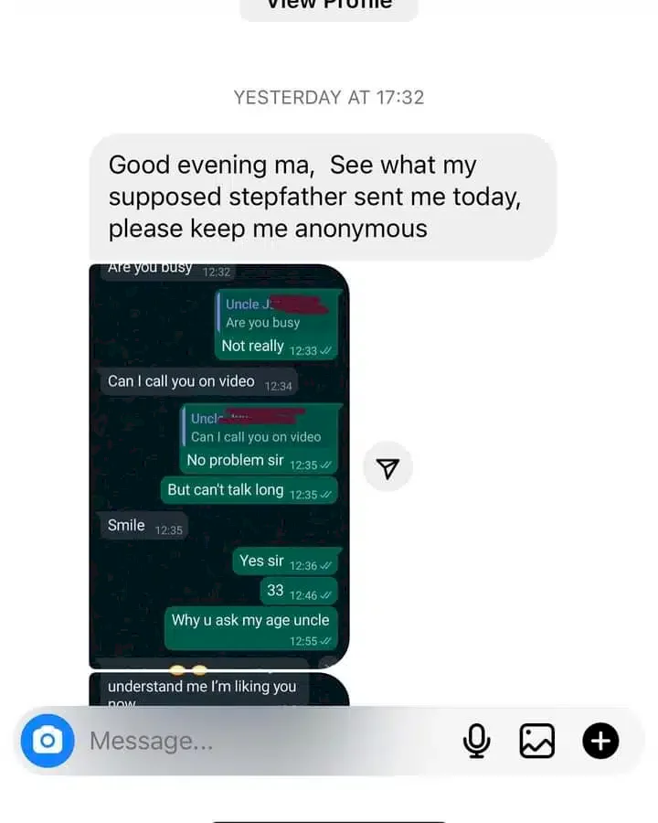 Lady shares chat with stepfather who wants to date her days after mum's burial