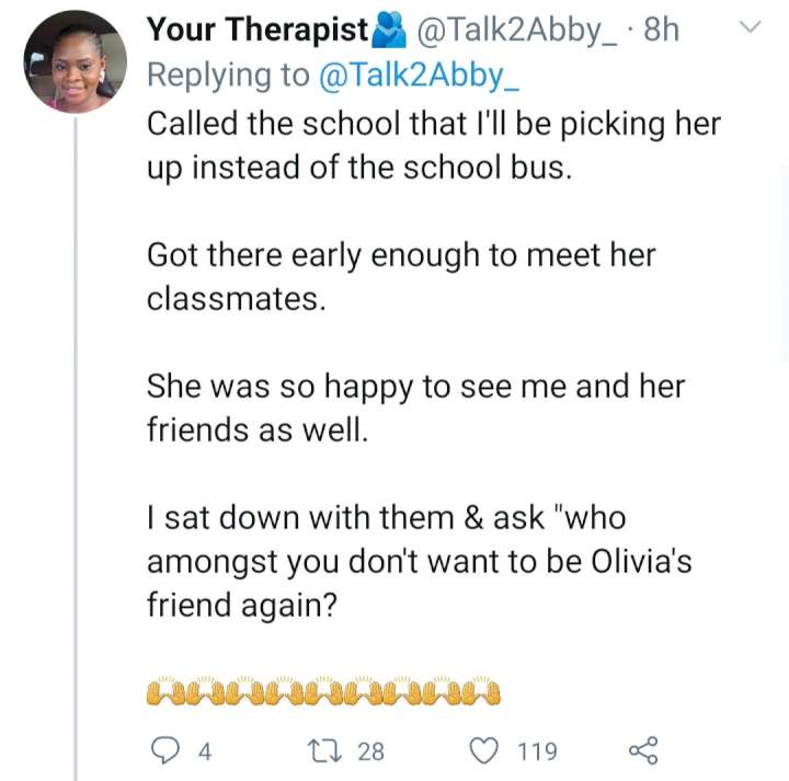Mother narrates what she did when she discovered her daughter was giving her classmates trouble at school