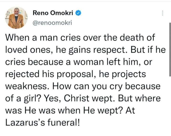 If A Good Woman Leaves You, That Is Not Enough Reason To Cry - Reno Omokri Berates Men Who Weep After Break-Up