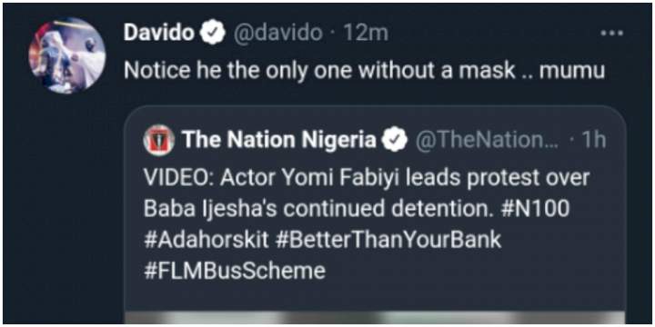 Davido reacts to Yomi Fabiyi's protest over Baba Ijesha's continued detention