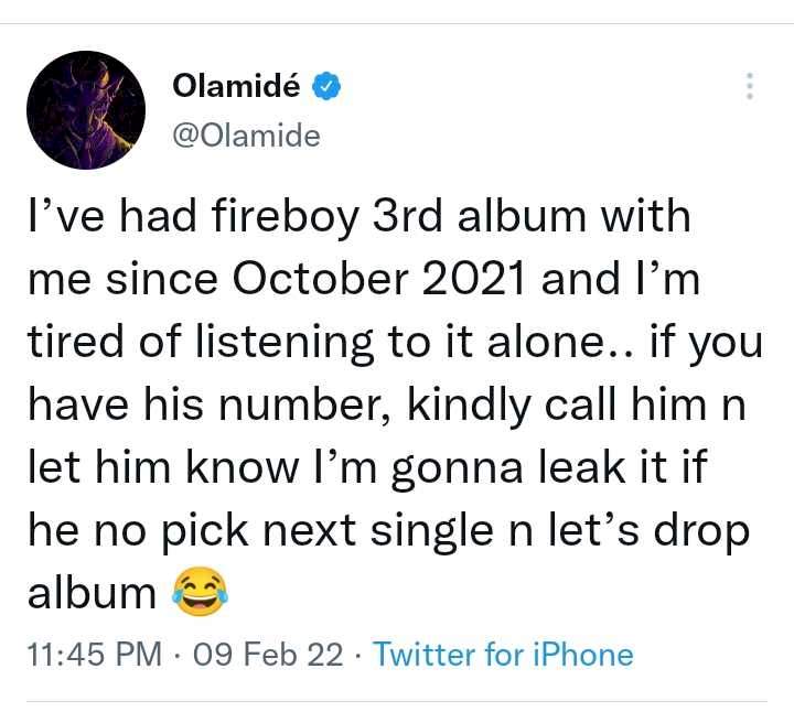 Fireboy replies Olamide after he threatened to leak his third studio album